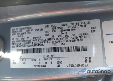 2022 Ford Escape Sel from USA, damaged, VIN 1FMCU9H67NUB54375